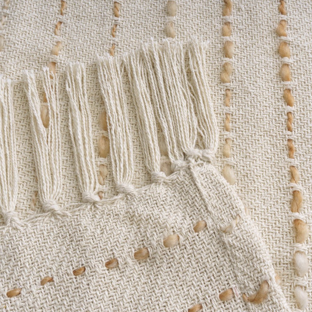 50" X 60" White And Brown Cotton Blend Woven Striped Throw Blanket with Fringe-Throws & Blankets-DECOROLALA