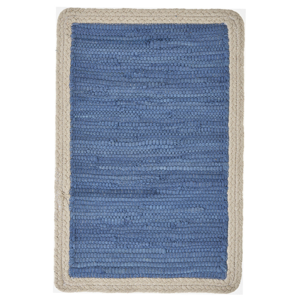 19" Set of Four Blue And Natural Solid With Border Cotton Placemats-Dining Linens-DECOROLALA