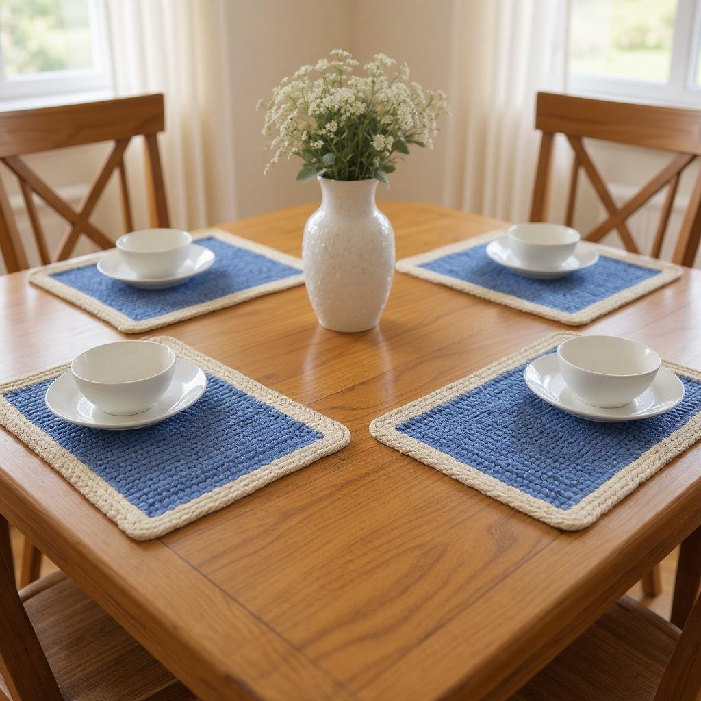 19" Set of Four Blue And Natural Solid With Border Cotton Placemats-Dining Linens-DECOROLALA