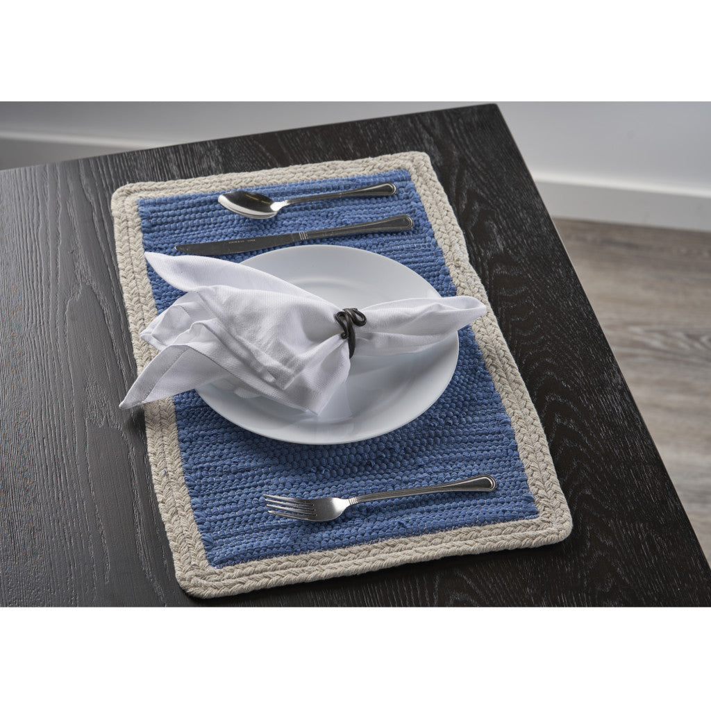 19" Set of Four Blue And Natural Solid With Border Cotton Placemats-Dining Linens-DECOROLALA