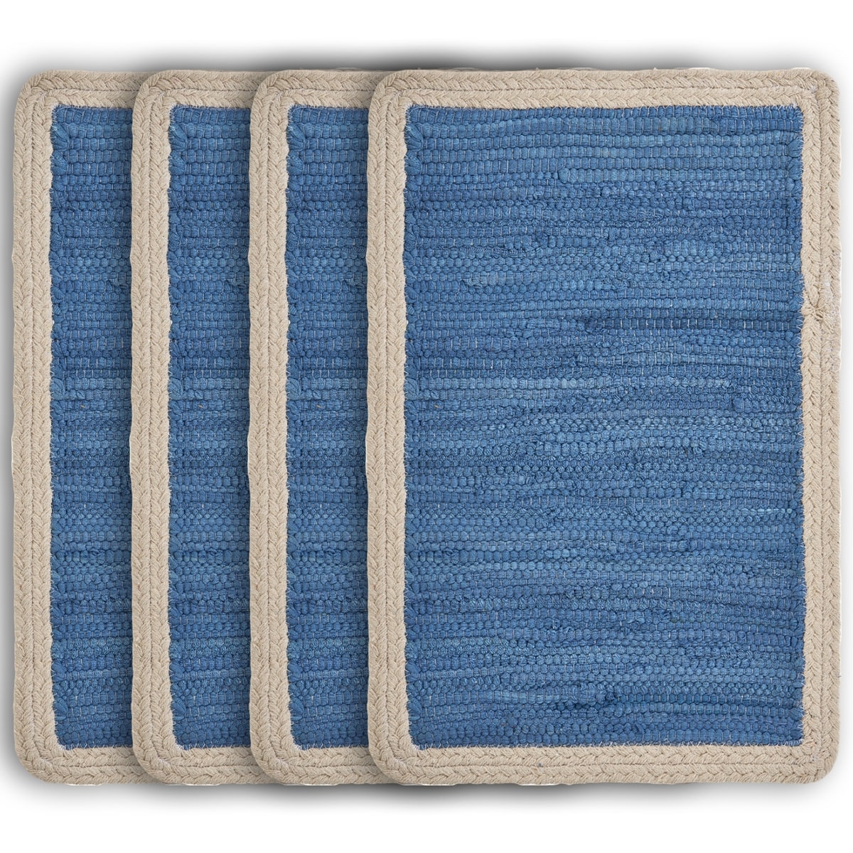 19" Set of Four Blue And Natural Solid With Border Cotton Placemats-Dining Linens-DECOROLALA