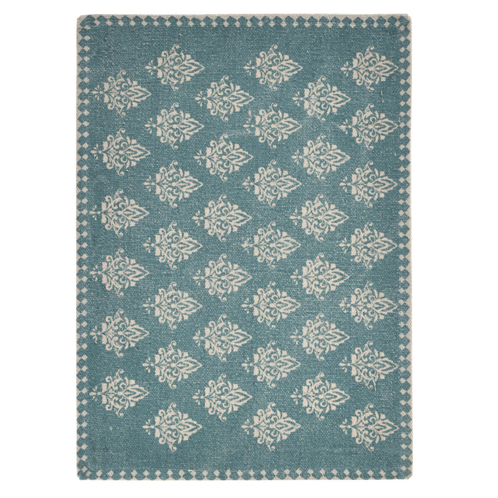 19" Set of Four Cream And Turquoise Damask Cotton Placemats-Dining Linens-DECOROLALA