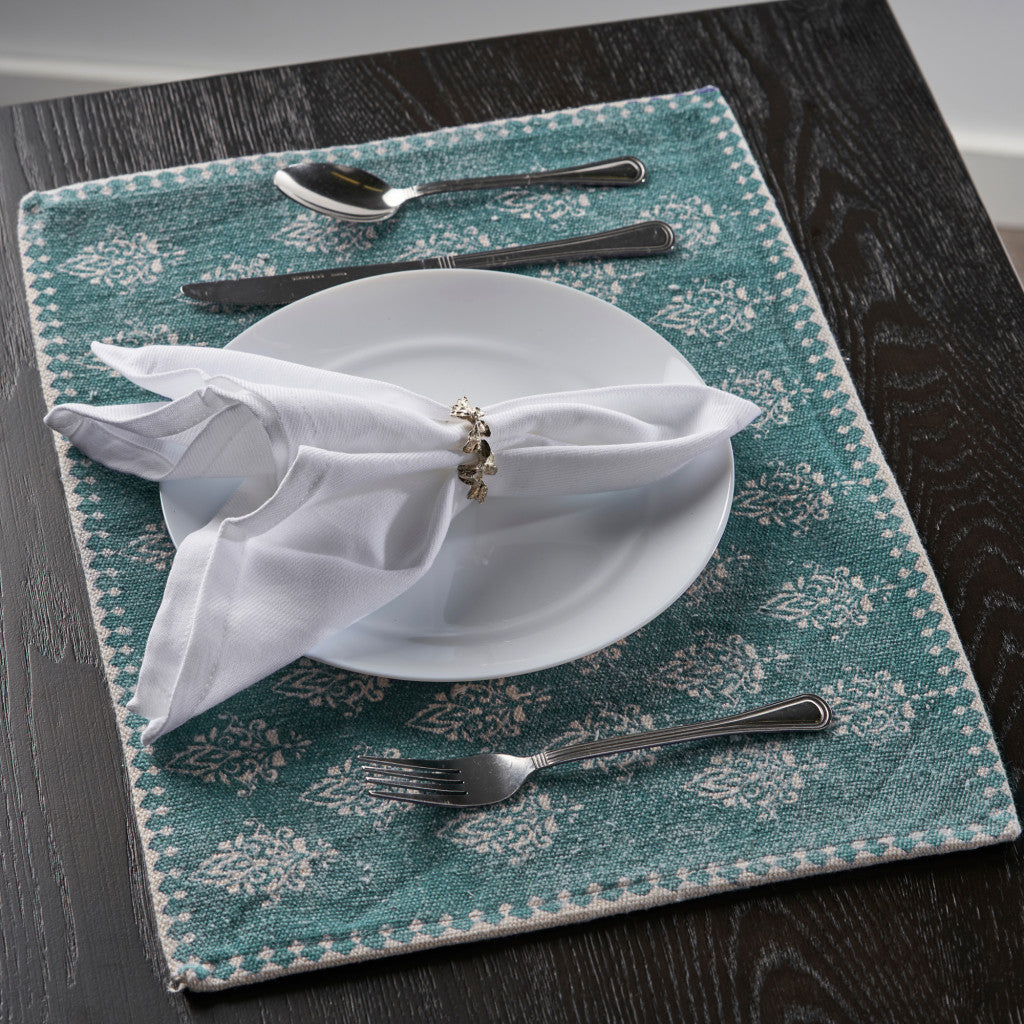 19" Set of Four Cream And Turquoise Damask Cotton Placemats-Dining Linens-DECOROLALA