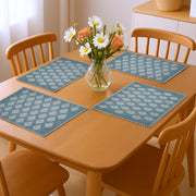 19" Set of Four Cream And Turquoise Damask Cotton Placemats-Dining Linens-DECOROLALA