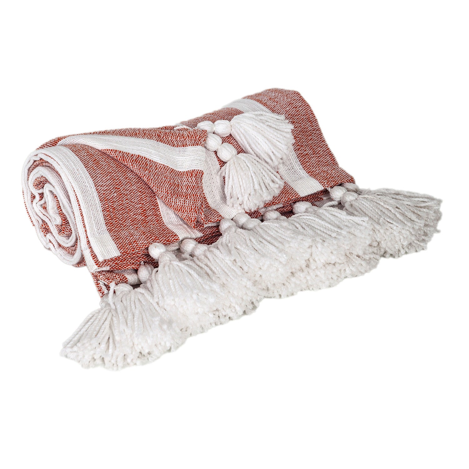50" X 60" Rust Woven Cotton Striped Throw Blanket with Tassels-Throws & Blankets-DECOROLALA