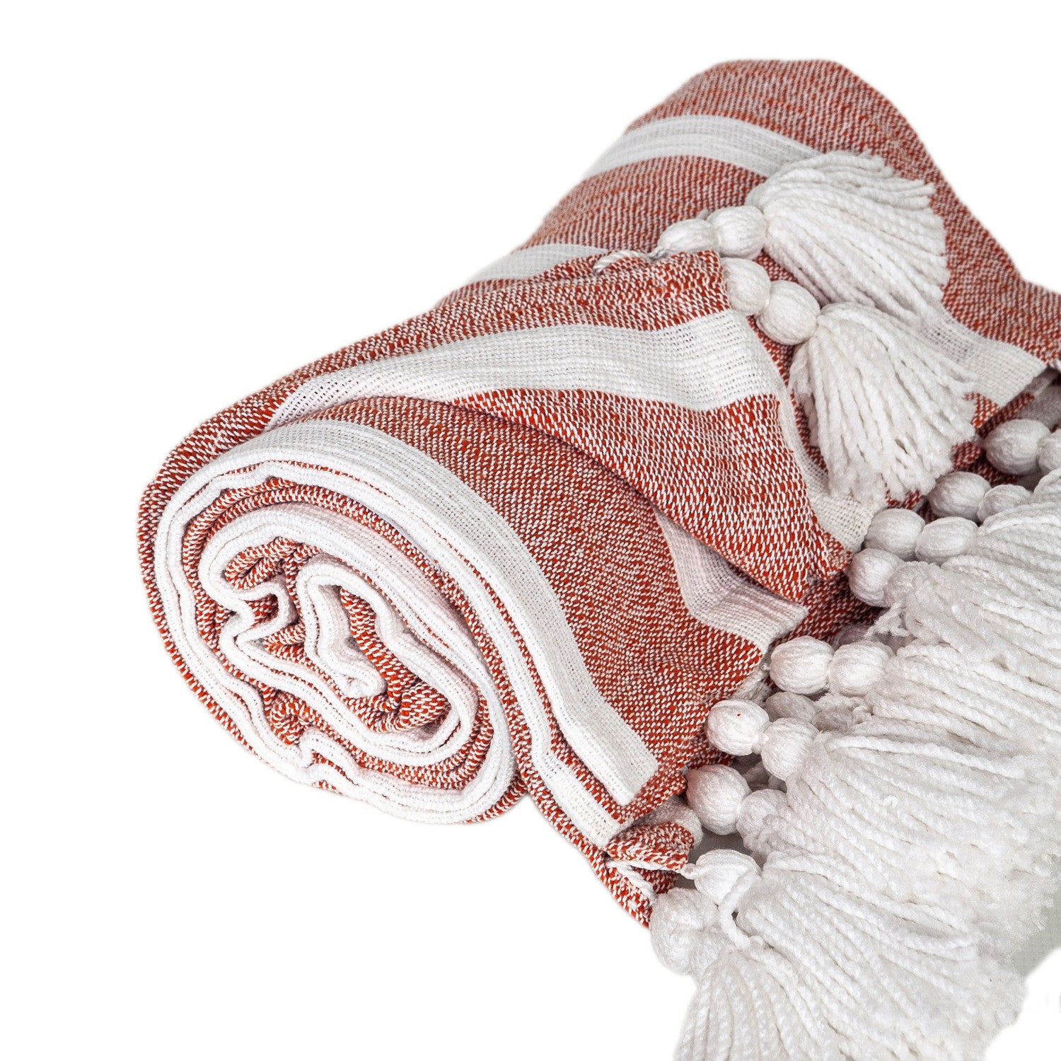 50" X 60" Rust Woven Cotton Striped Throw Blanket with Tassels-Throws & Blankets-DECOROLALA