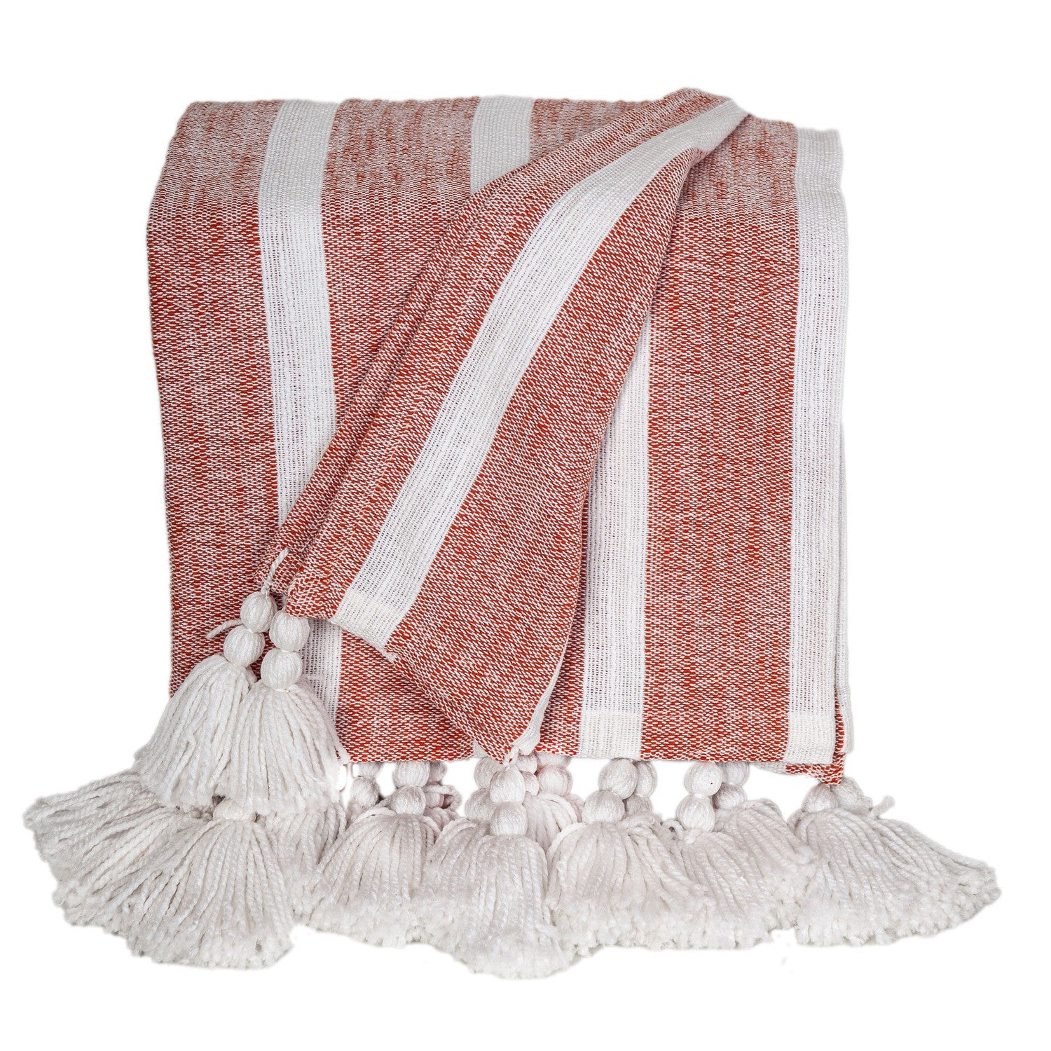 50" X 60" Rust Woven Cotton Striped Throw Blanket with Tassels-Throws & Blankets-DECOROLALA