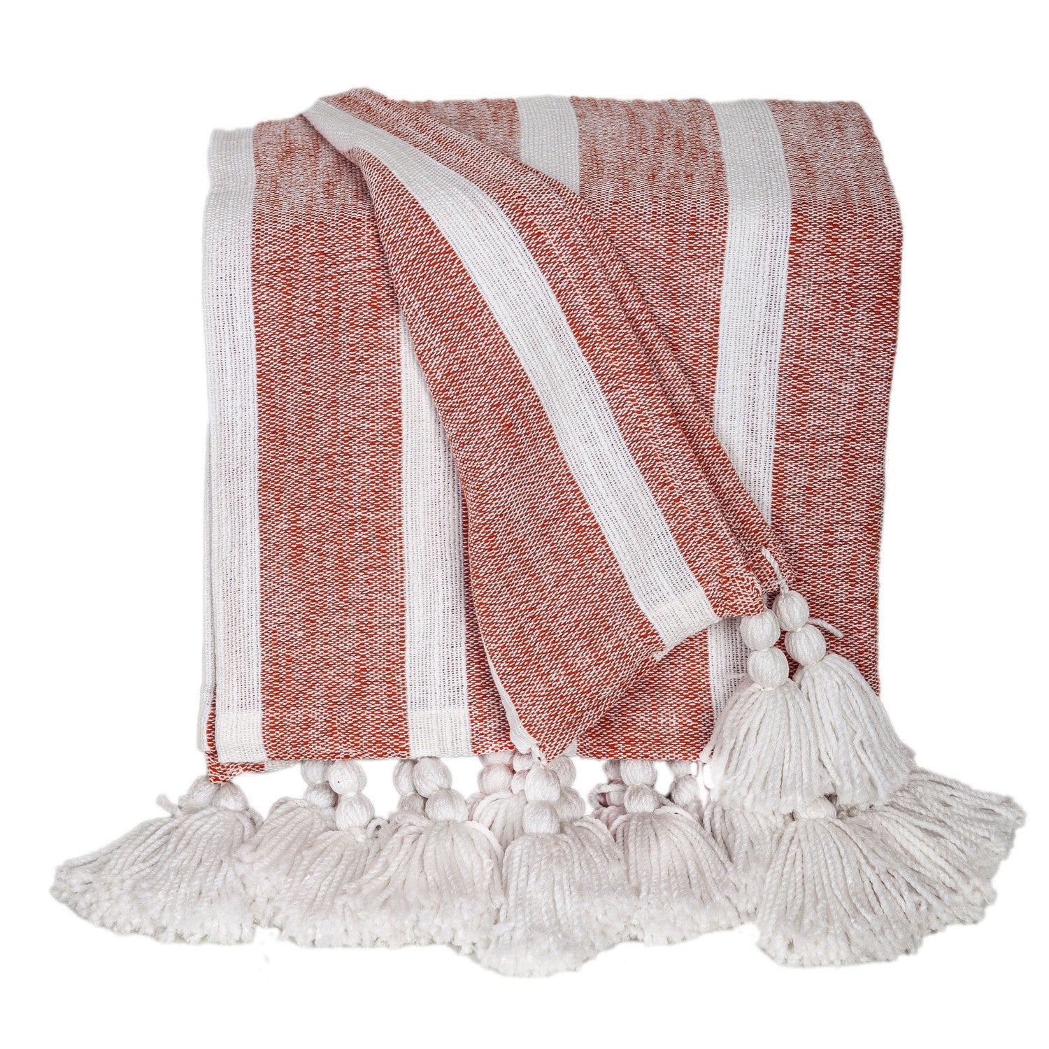 50" X 60" Rust Woven Cotton Striped Throw Blanket with Tassels-Throws & Blankets-DECOROLALA