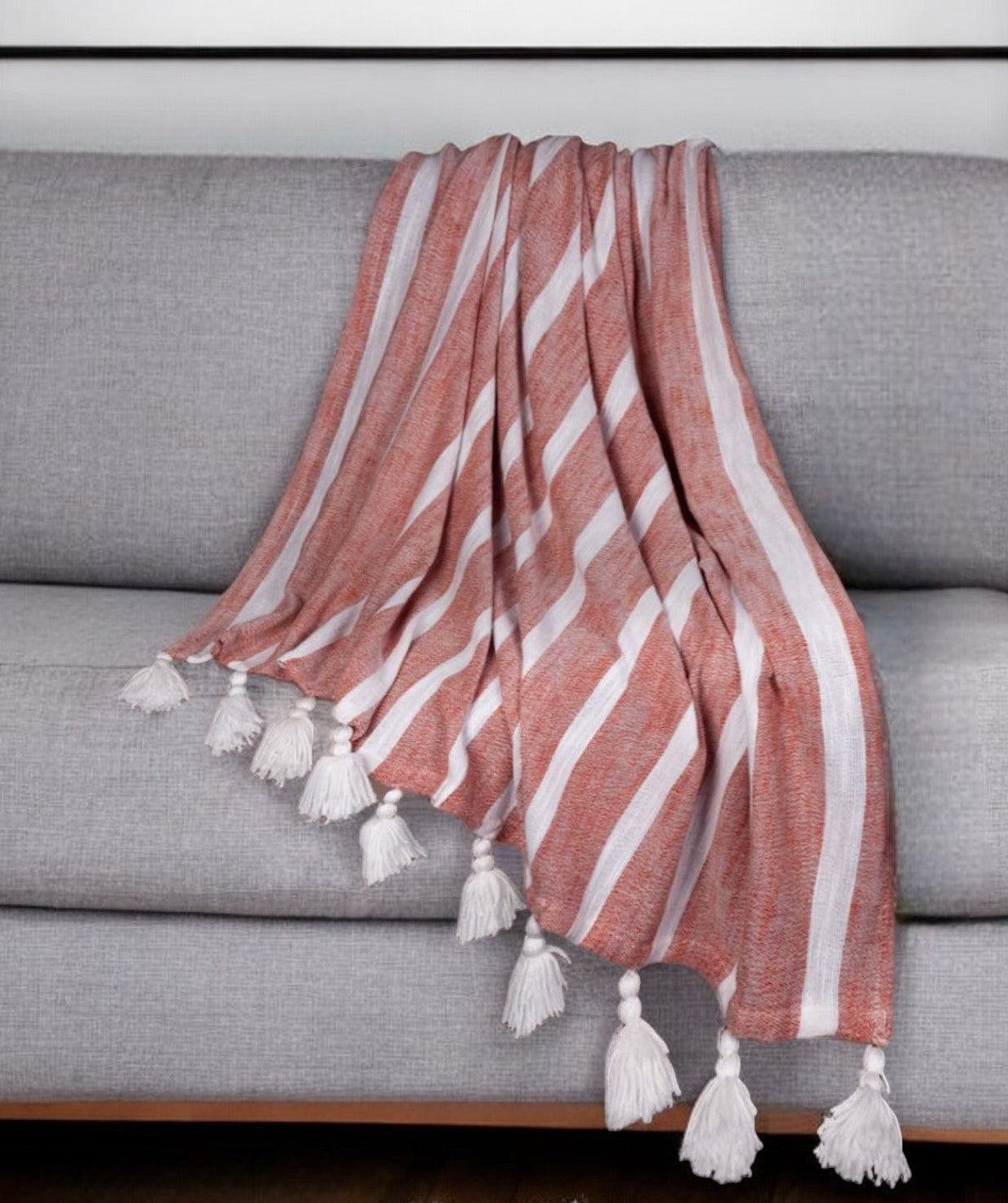 50" X 60" Rust Woven Cotton Striped Throw Blanket with Tassels-Throws & Blankets-DECOROLALA