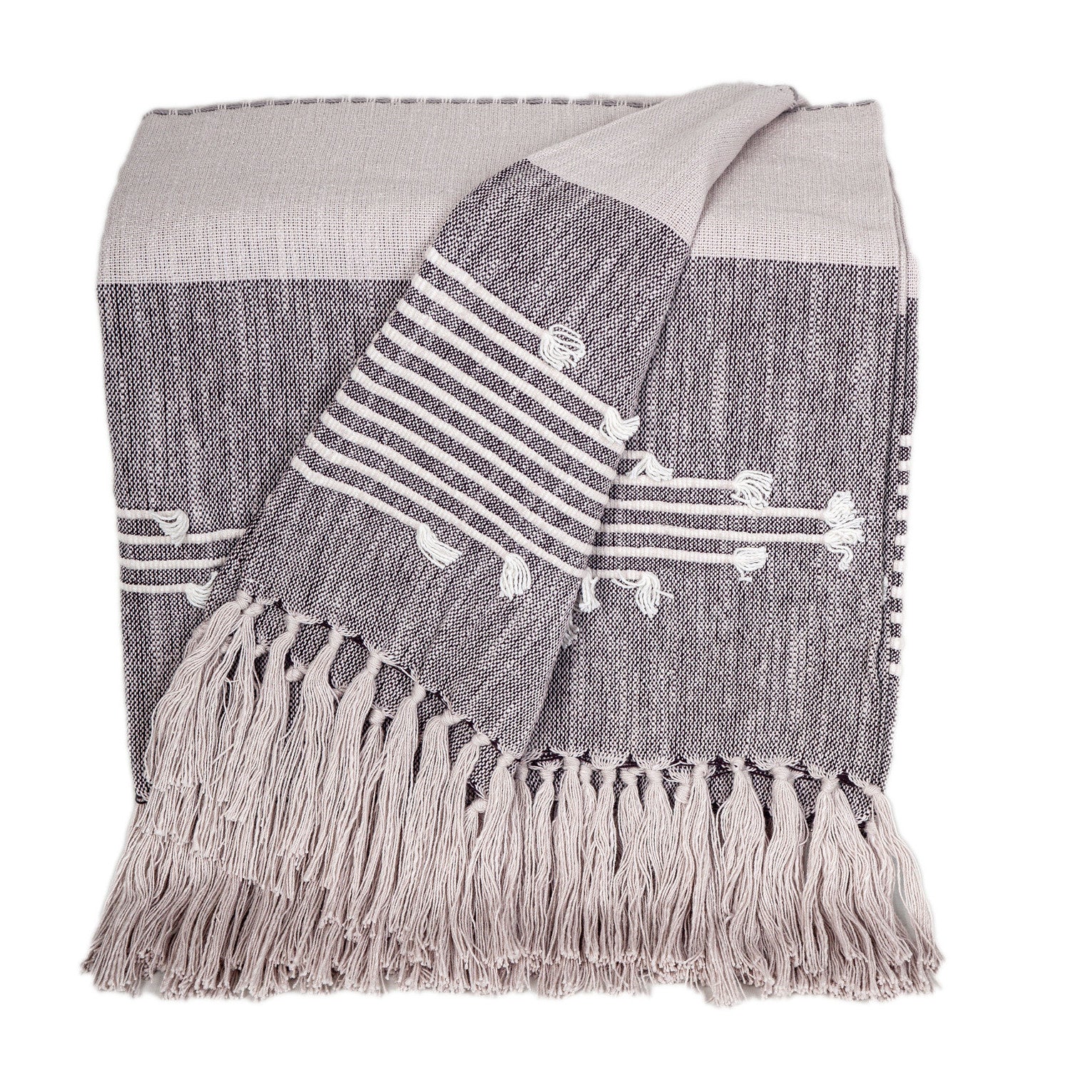 50" X 60" Gray Woven Cotton Striped Throw Blanket with Tassels and Embroidery-Throws & Blankets-DECOROLALA