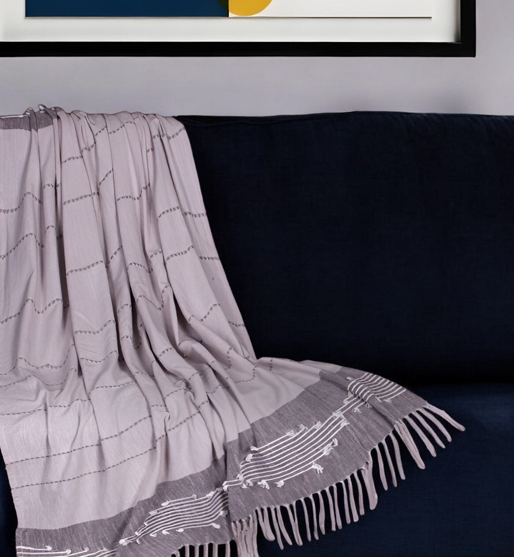 50" X 60" Gray Woven Cotton Striped Throw Blanket with Tassels and Embroidery-Throws & Blankets-DECOROLALA