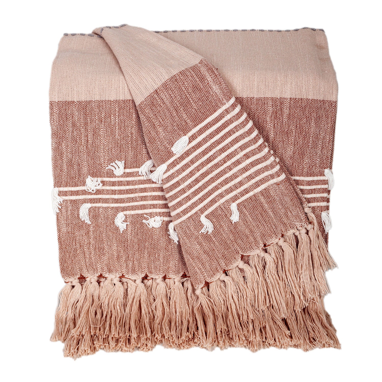 50" X 60" Gray and Rust Woven Cotton Striped Throw Blanket with Fringe, Embroidery-Throws & Blankets-DECOROLALA