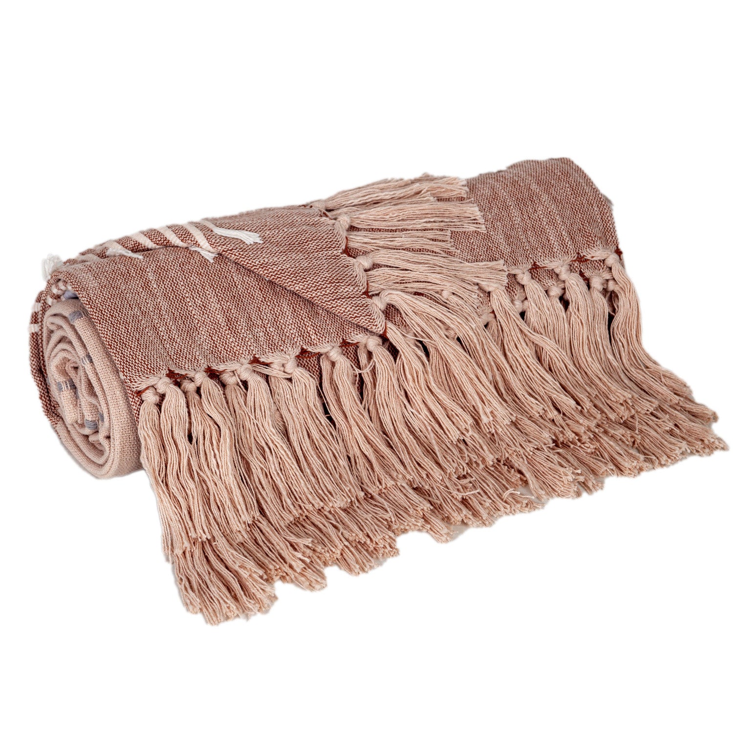 50" X 60" Gray and Rust Woven Cotton Striped Throw Blanket with Fringe, Embroidery-Throws & Blankets-DECOROLALA