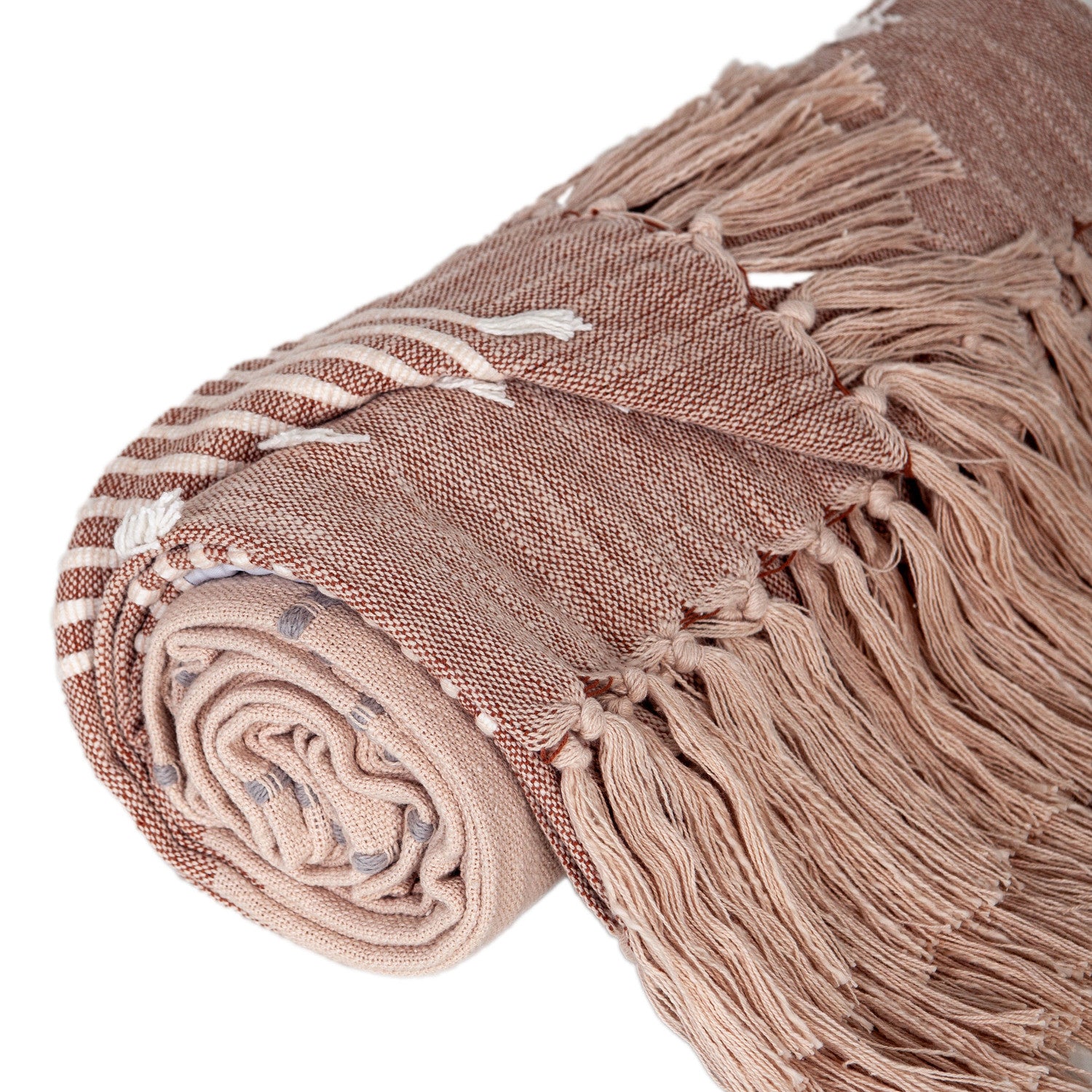 50" X 60" Gray and Rust Woven Cotton Striped Throw Blanket with Fringe, Embroidery-Throws & Blankets-DECOROLALA
