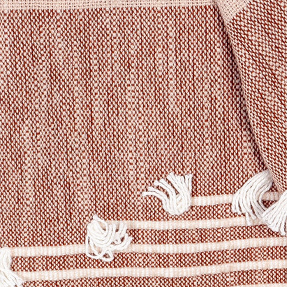 50" X 60" Gray and Rust Woven Cotton Striped Throw Blanket with Fringe, Embroidery-Throws & Blankets-DECOROLALA