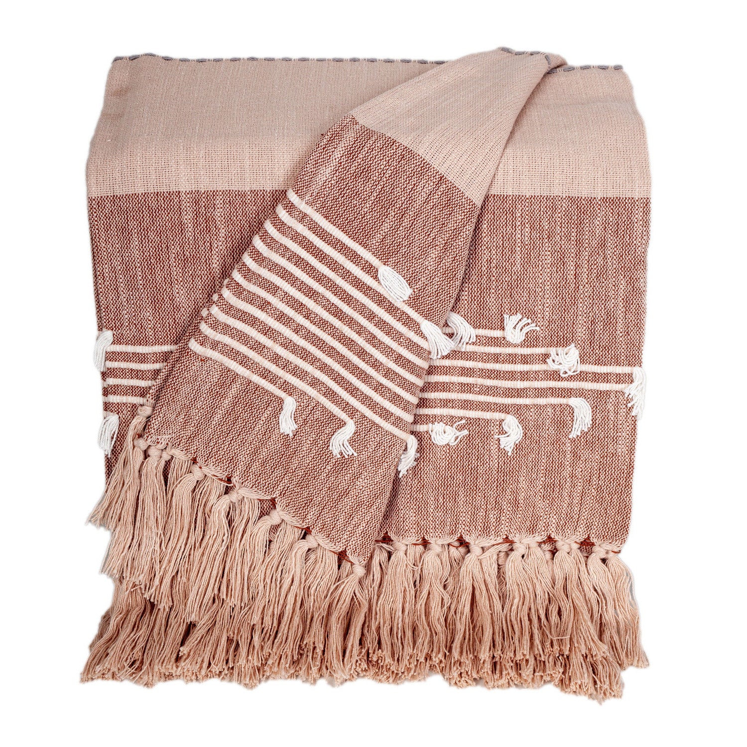 50" X 60" Gray and Rust Woven Cotton Striped Throw Blanket with Fringe, Embroidery-Throws & Blankets-DECOROLALA