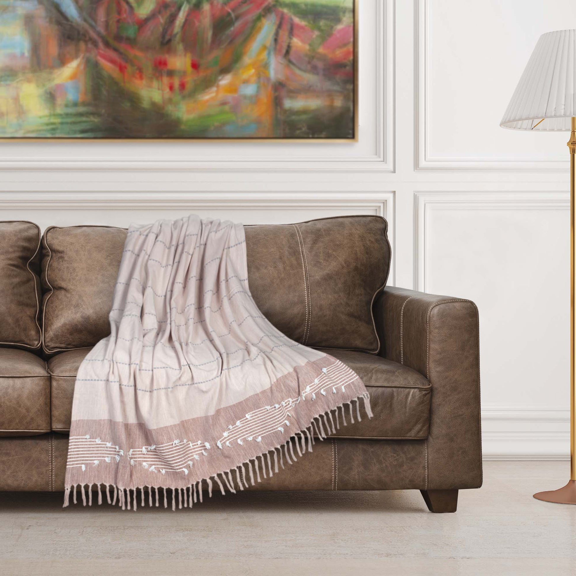 50" X 60" Gray and Rust Woven Cotton Striped Throw Blanket with Fringe, Embroidery-Throws & Blankets-DECOROLALA