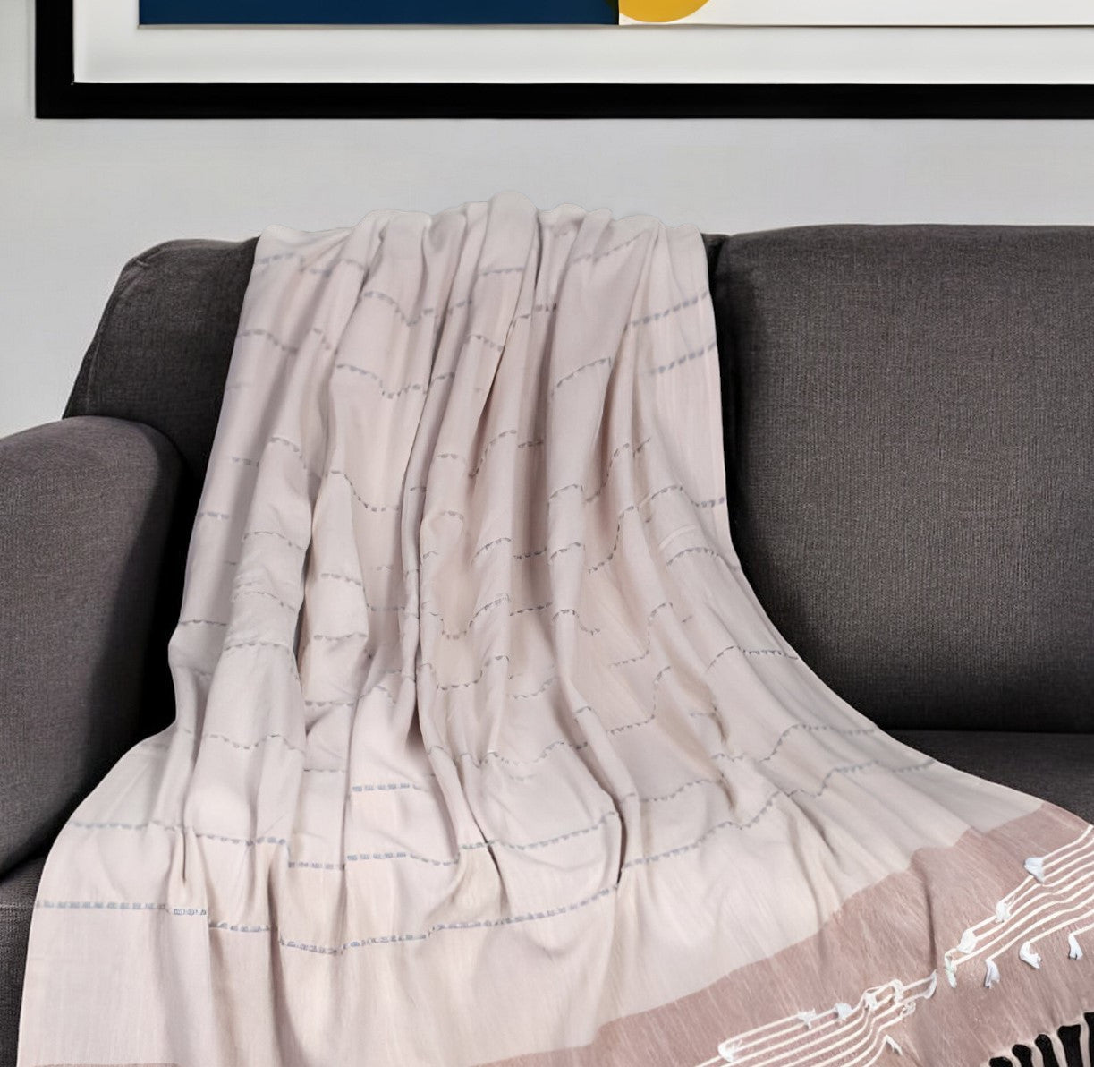 50" X 60" Gray and Rust Woven Cotton Striped Throw Blanket with Fringe, Embroidery-Throws & Blankets-DECOROLALA