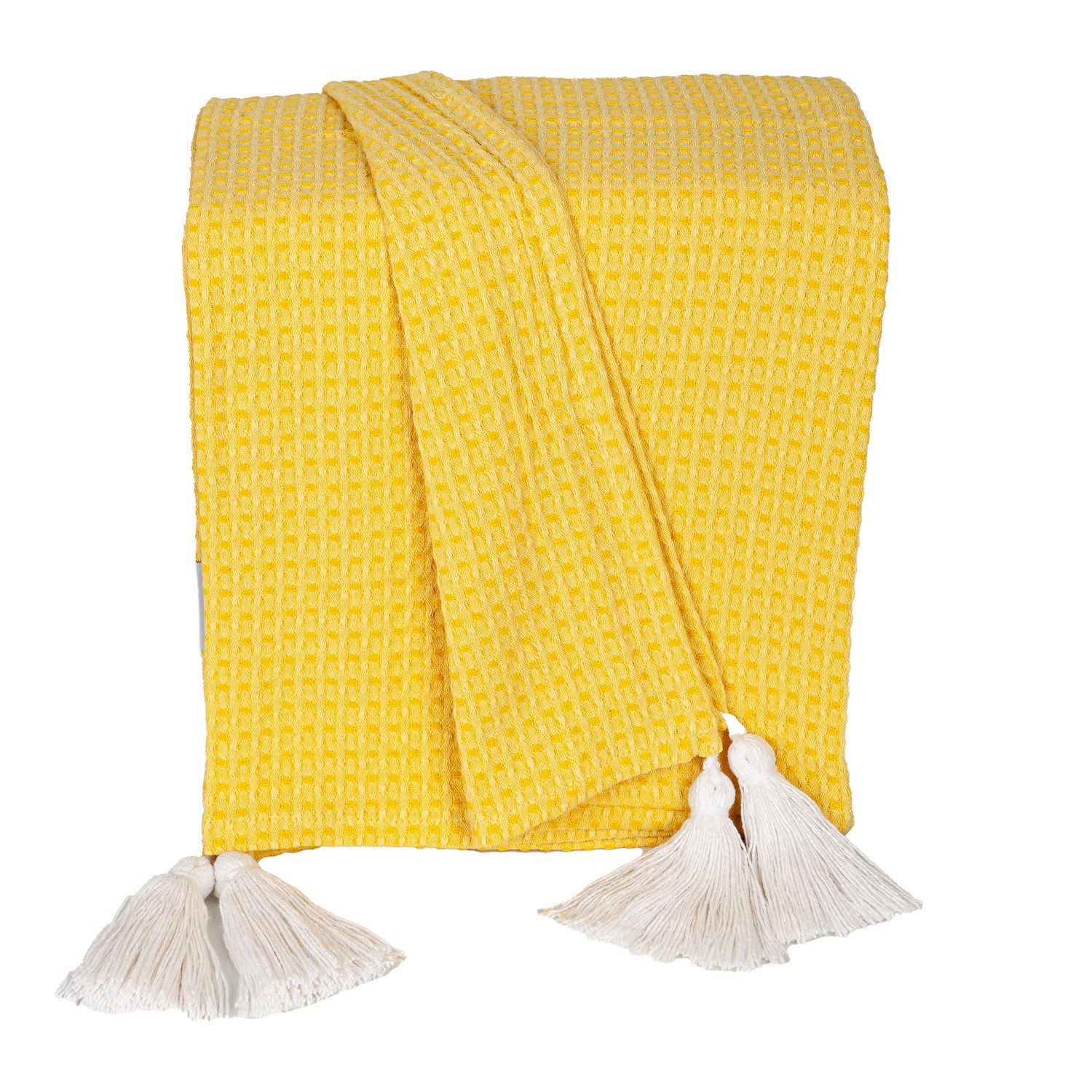 50" X 60" Yellow Woven Cotton Throw Blanket with Tassels-Throws & Blankets-DECOROLALA