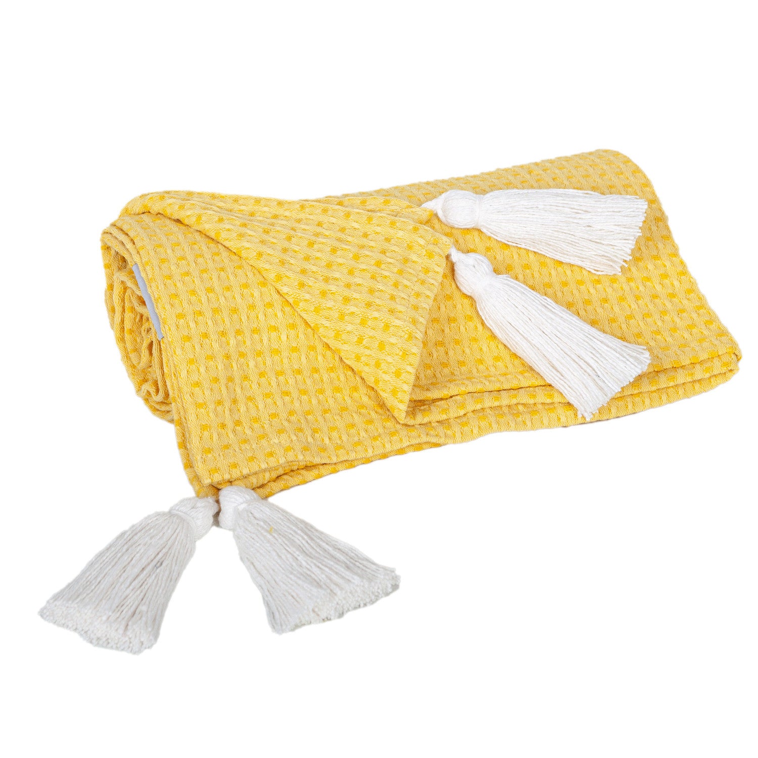 50" X 60" Yellow Woven Cotton Throw Blanket with Tassels-Throws & Blankets-DECOROLALA