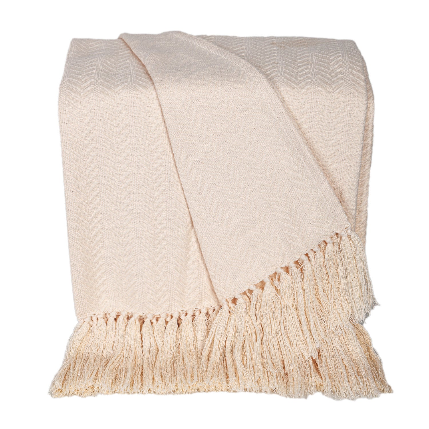 50" X 60" Cream Woven Cotton Herringbone Throw Blanket with Fringe-Throws & Blankets-DECOROLALA