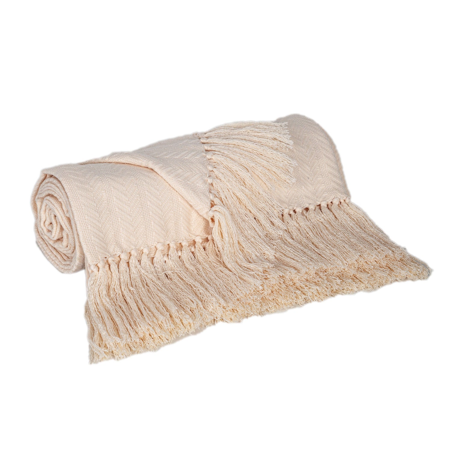 50" X 60" Cream Woven Cotton Herringbone Throw Blanket with Fringe-Throws & Blankets-DECOROLALA