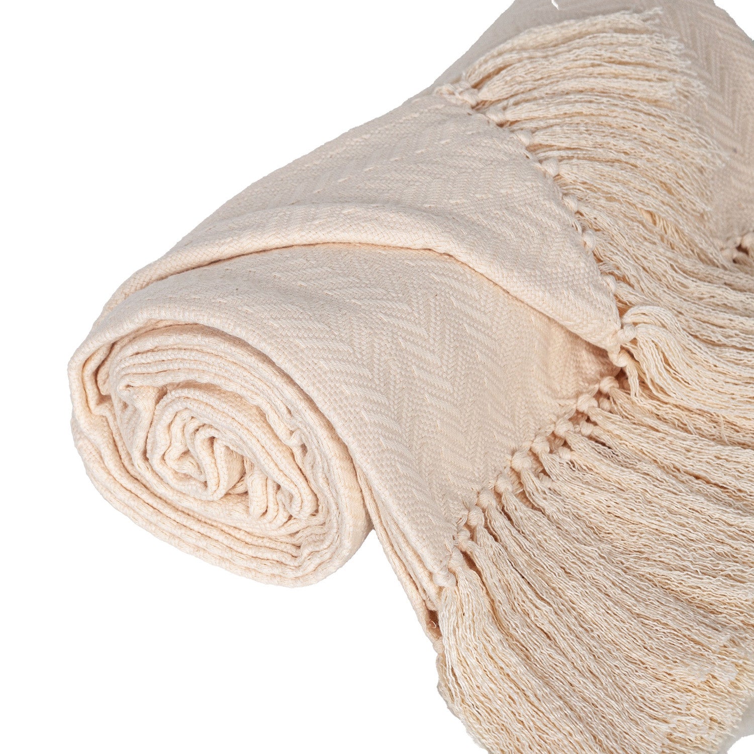50" X 60" Cream Woven Cotton Herringbone Throw Blanket with Fringe-Throws & Blankets-DECOROLALA