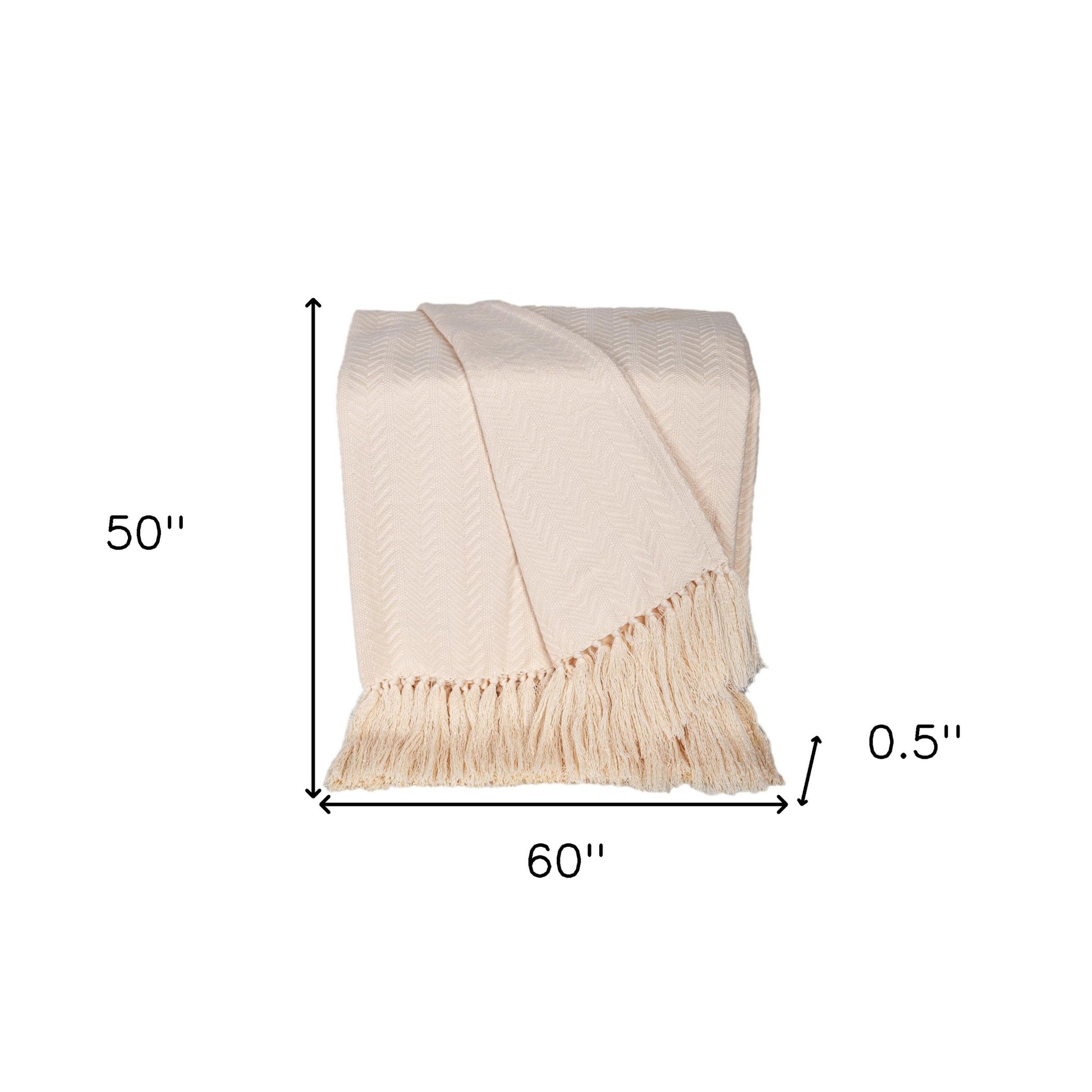 50" X 60" Cream Woven Cotton Herringbone Throw Blanket with Fringe-Throws & Blankets-DECOROLALA