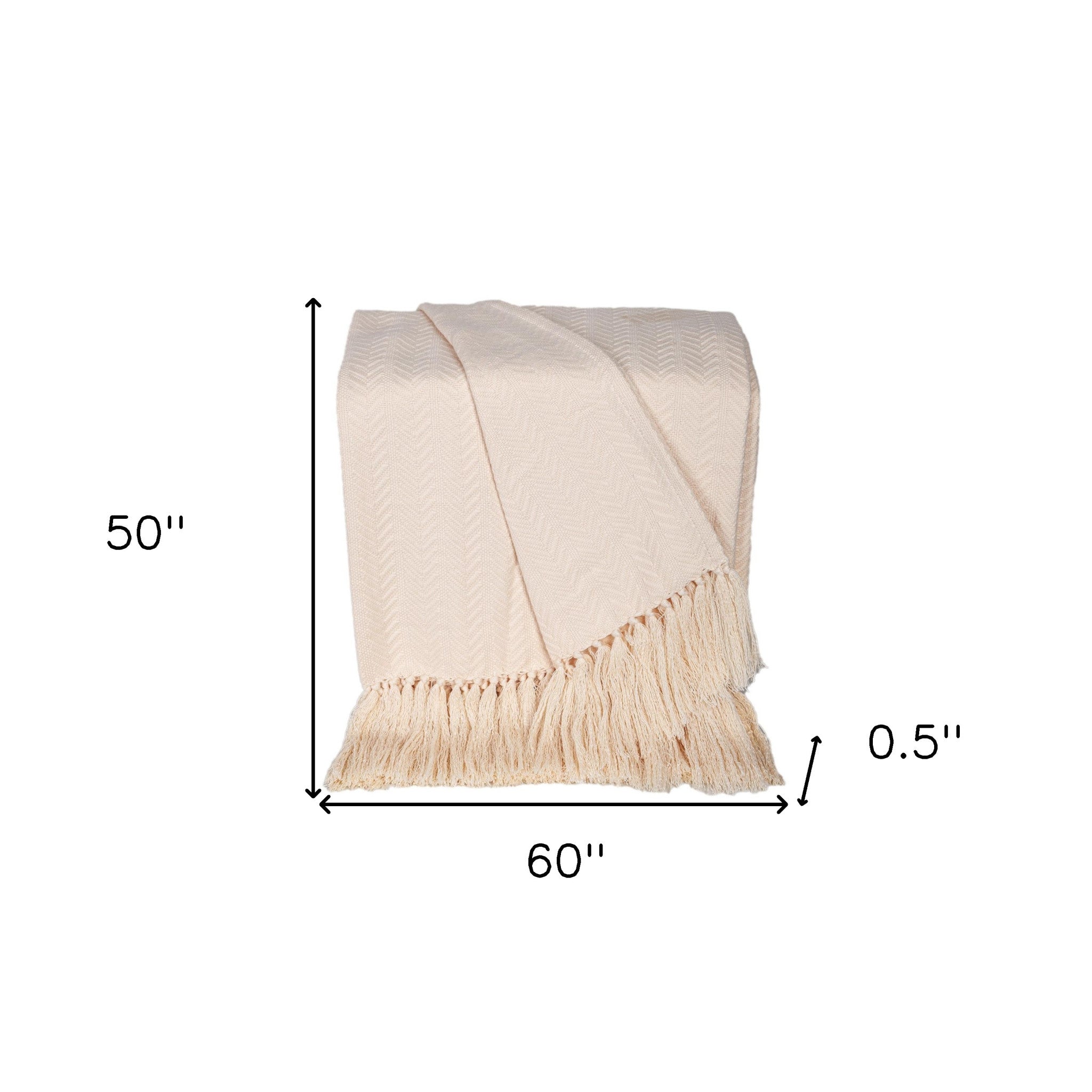50" X 60" Cream Woven Cotton Herringbone Throw Blanket with Fringe-Throws & Blankets-DECOROLALA