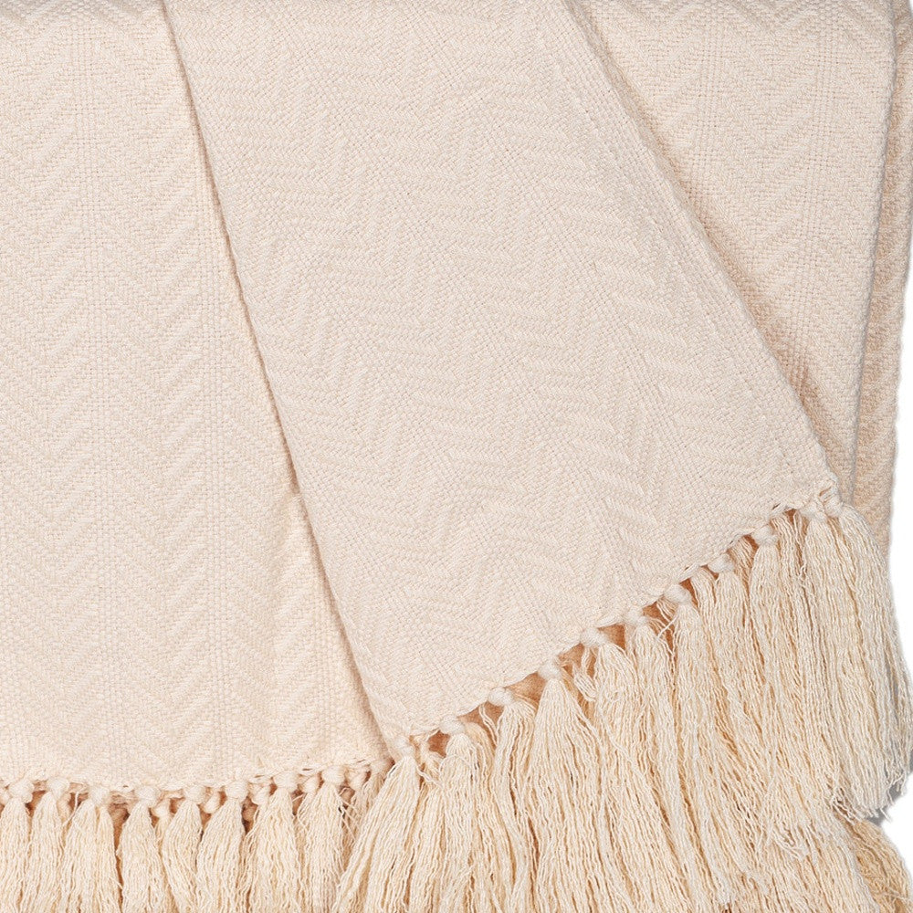 50" X 60" Cream Woven Cotton Herringbone Throw Blanket with Fringe-Throws & Blankets-DECOROLALA