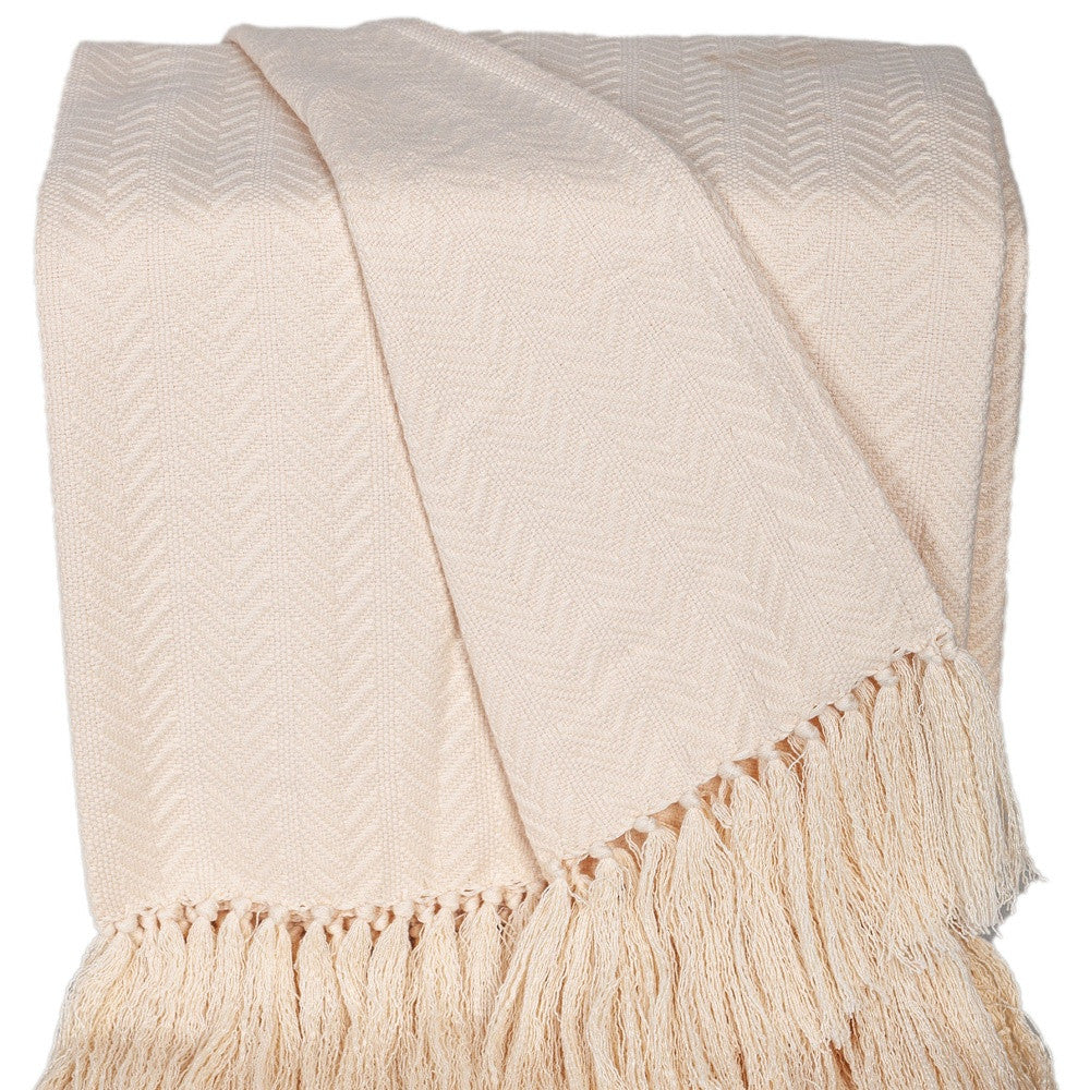50" X 60" Cream Woven Cotton Herringbone Throw Blanket with Fringe-Throws & Blankets-DECOROLALA