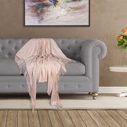 50" X 60" Cream Woven Cotton Herringbone Throw Blanket with Fringe-Throws & Blankets-DECOROLALA