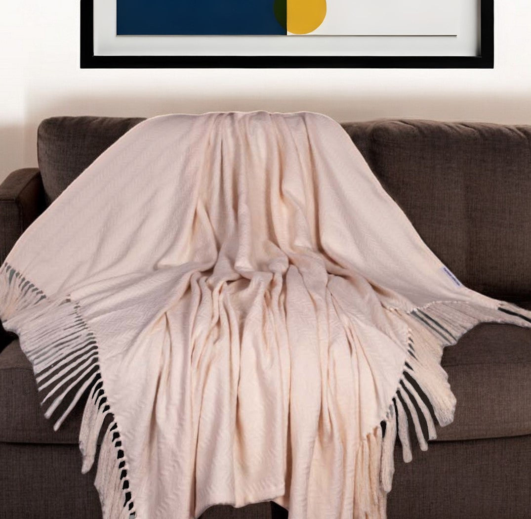 50" X 60" Cream Woven Cotton Herringbone Throw Blanket with Fringe-Throws & Blankets-DECOROLALA