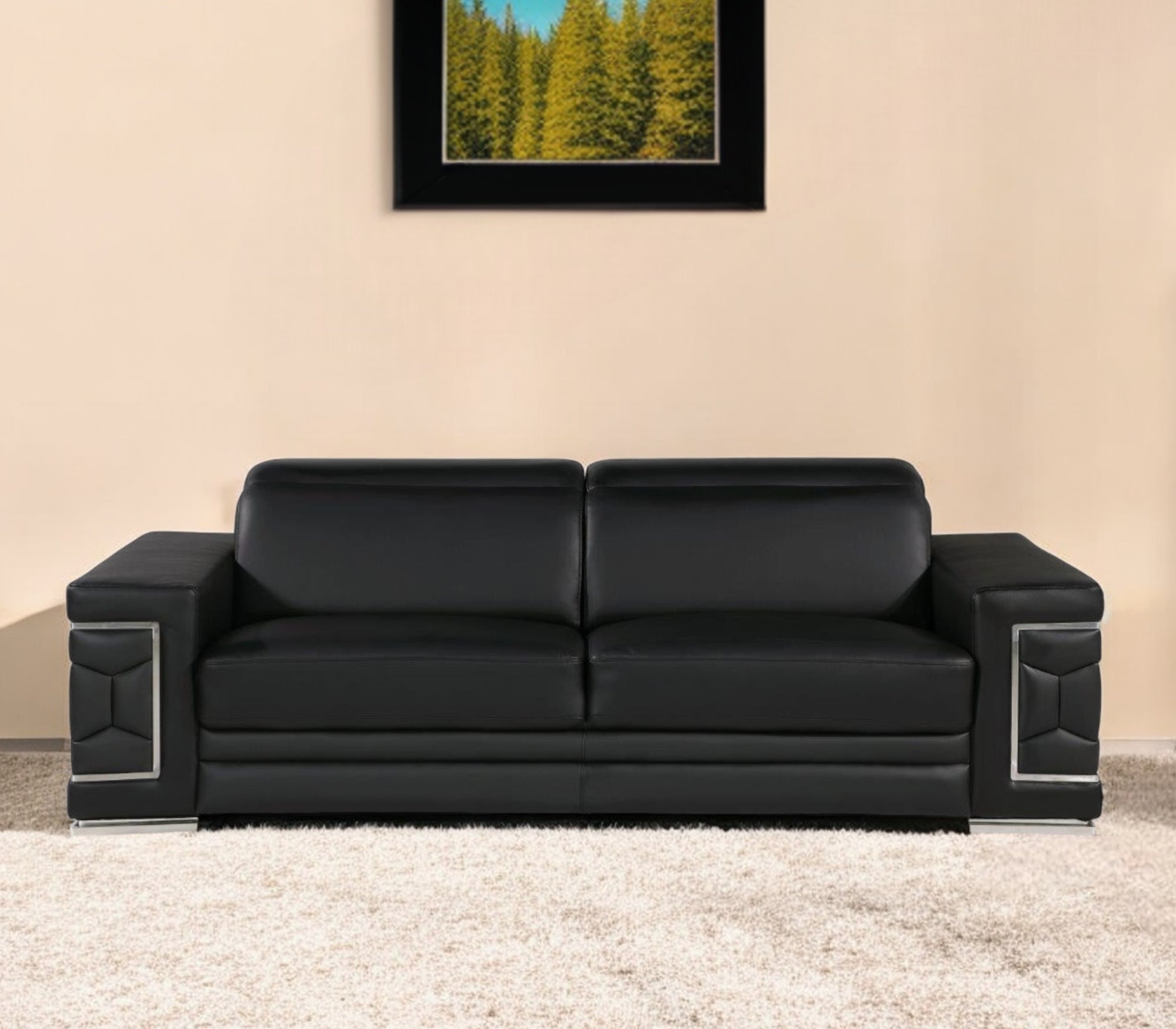 89" Black Leather Sofa With Silver Legs-1