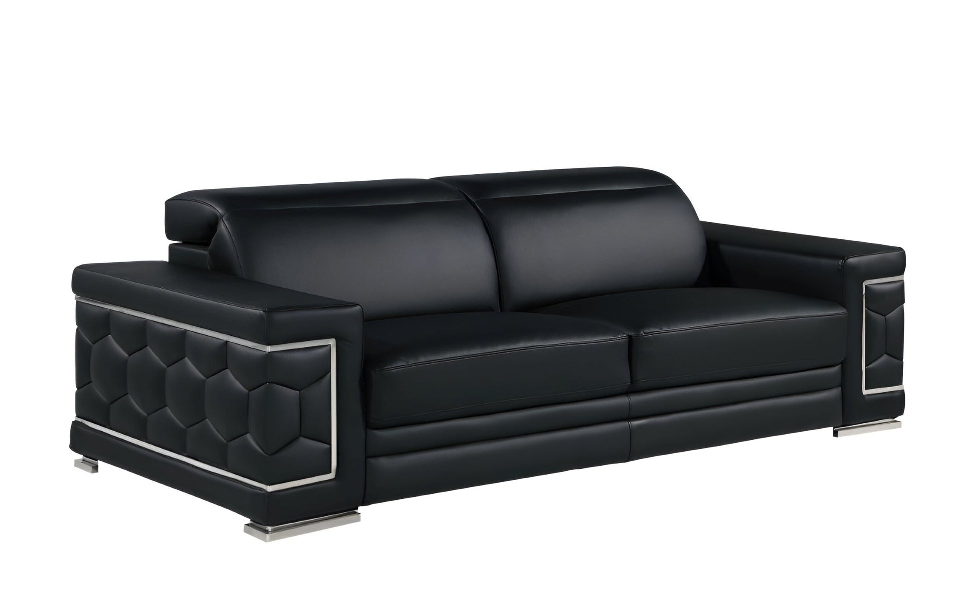 89" Black Leather Sofa With Silver Legs-0