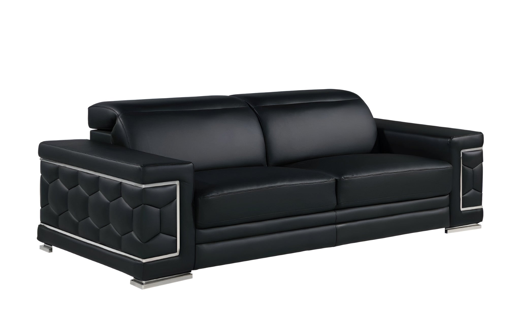 89" Black Leather Sofa With Silver Legs-0