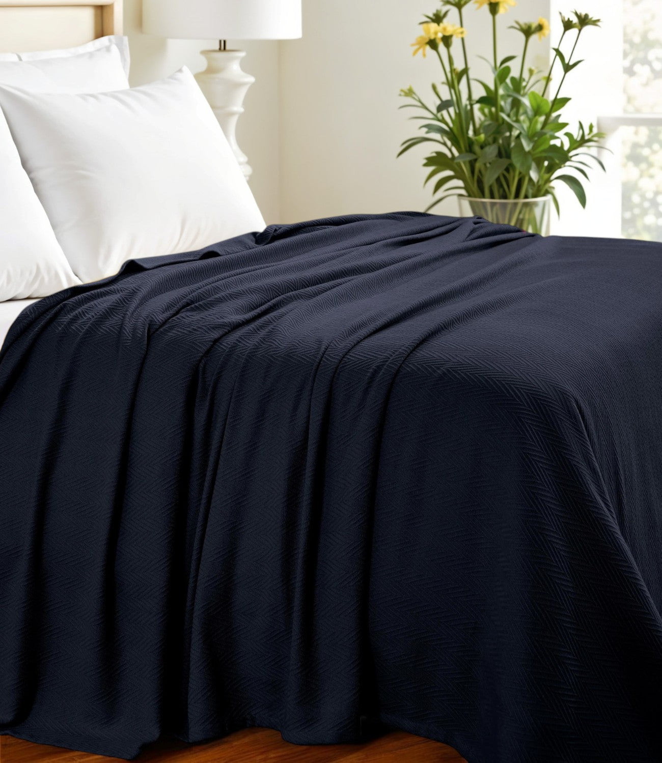 Queen Navy Blue Cotton Woven Chevron Blanket-Throws & Blankets-DECOROLALA