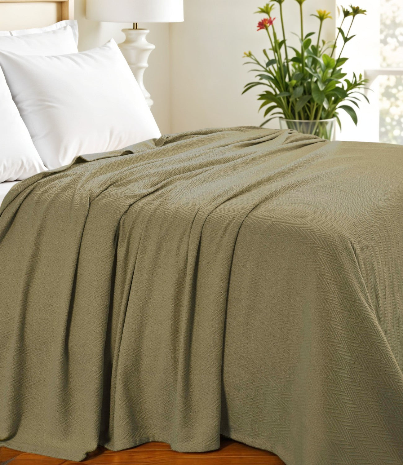 Queen Sage Cotton Woven Chevron Blanket-Throws & Blankets-DECOROLALA