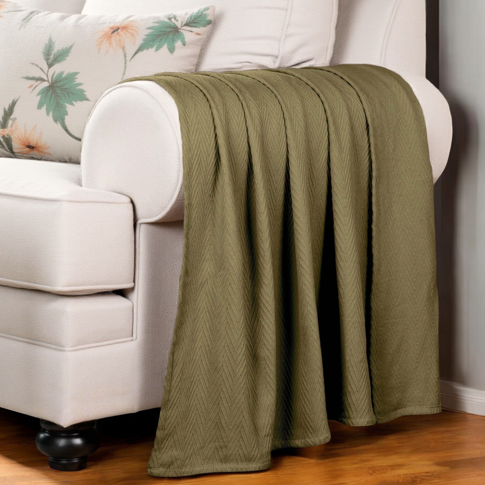 Queen Sage Cotton Woven Chevron Blanket-Throws & Blankets-DECOROLALA