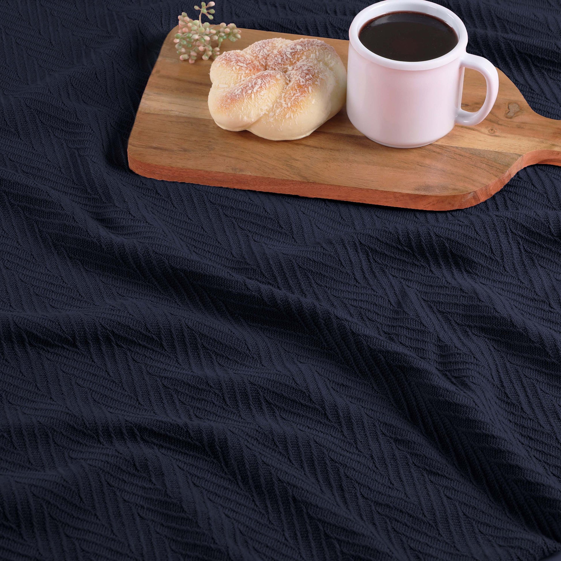 King Navy Blue Cotton Woven Chevron Blanket-Throws & Blankets-DECOROLALA