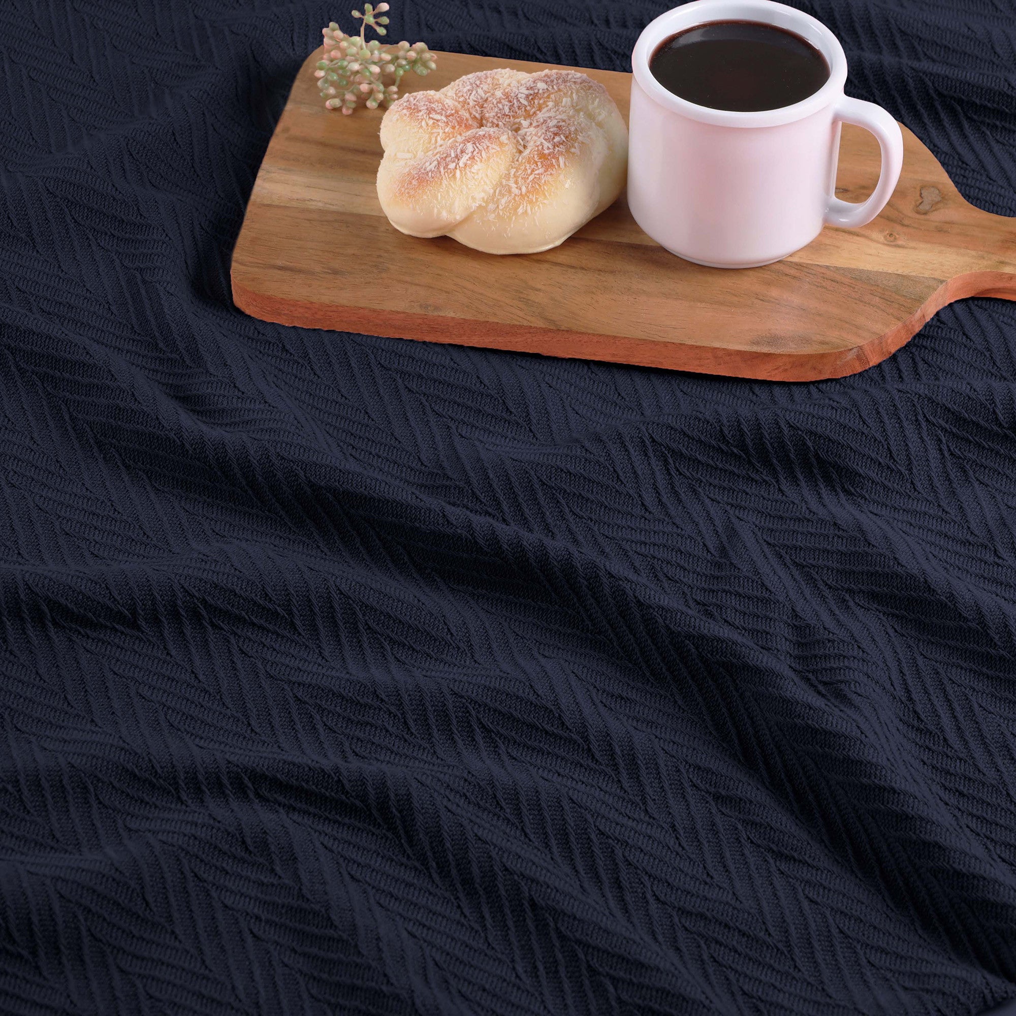 King Navy Blue Cotton Woven Chevron Blanket-Throws & Blankets-DECOROLALA