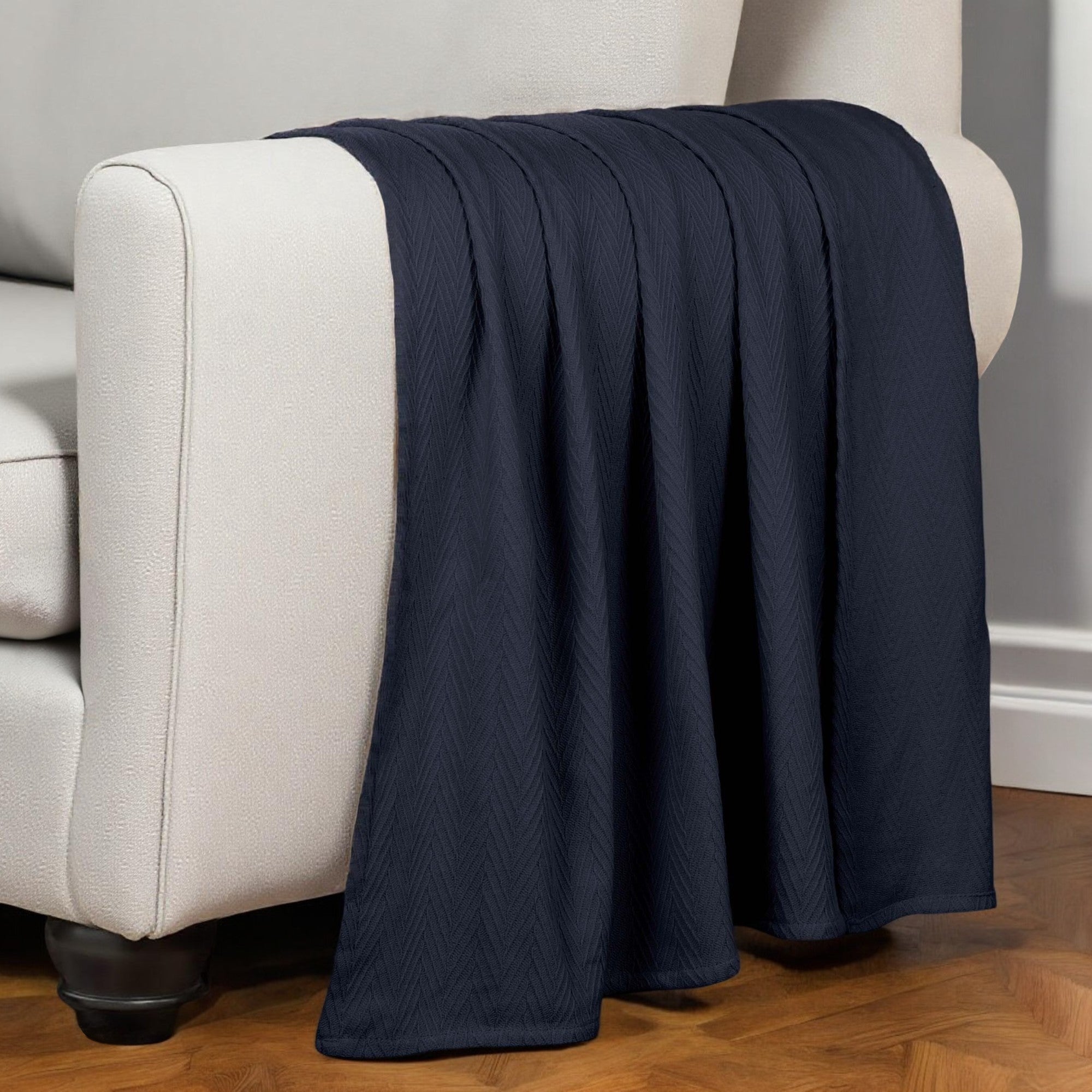 King Navy Blue Cotton Woven Chevron Blanket-Throws & Blankets-DECOROLALA