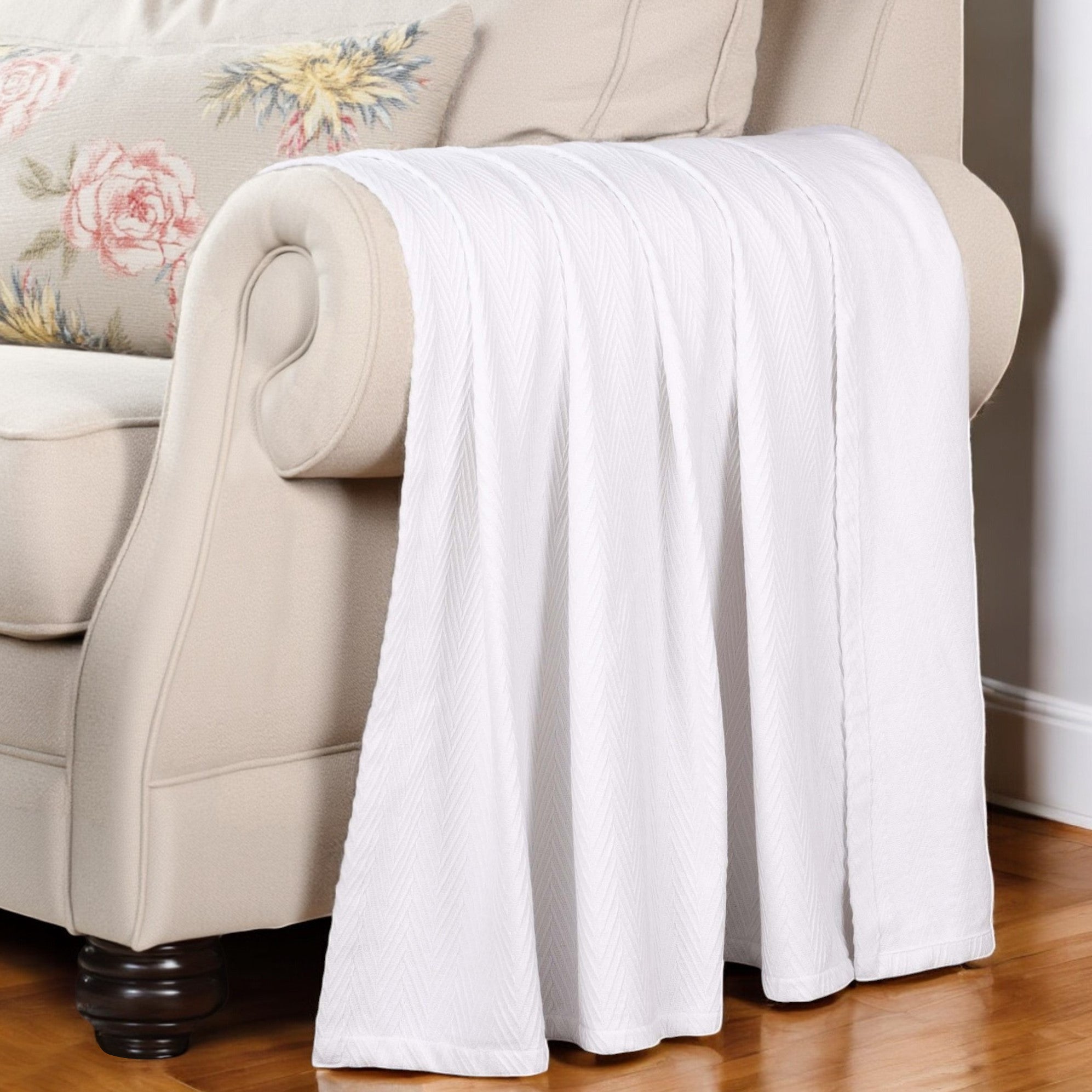 King White Cotton Woven Chevron Blanket-Throws & Blankets-DECOROLALA