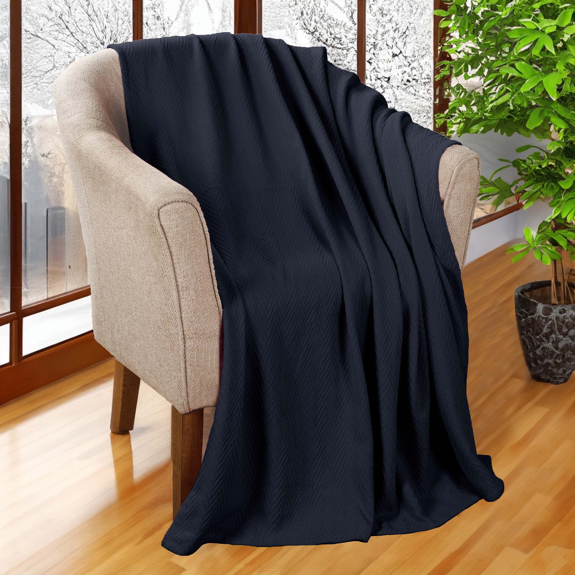 50" X 60" Navy Blue Cotton Woven Chevron Throw Blanket-Throws & Blankets-DECOROLALA