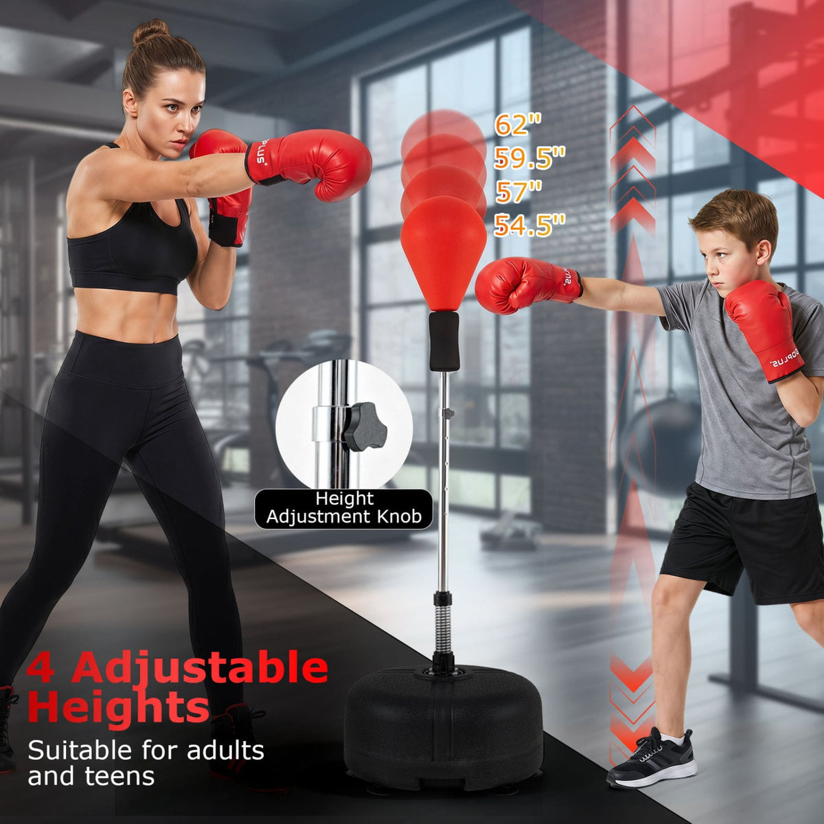 54.5"-62" Height Adjustable FPunching Bag with Stand for Teens and Adults-Red-Boxing & Martial Arts-DECOROLALA