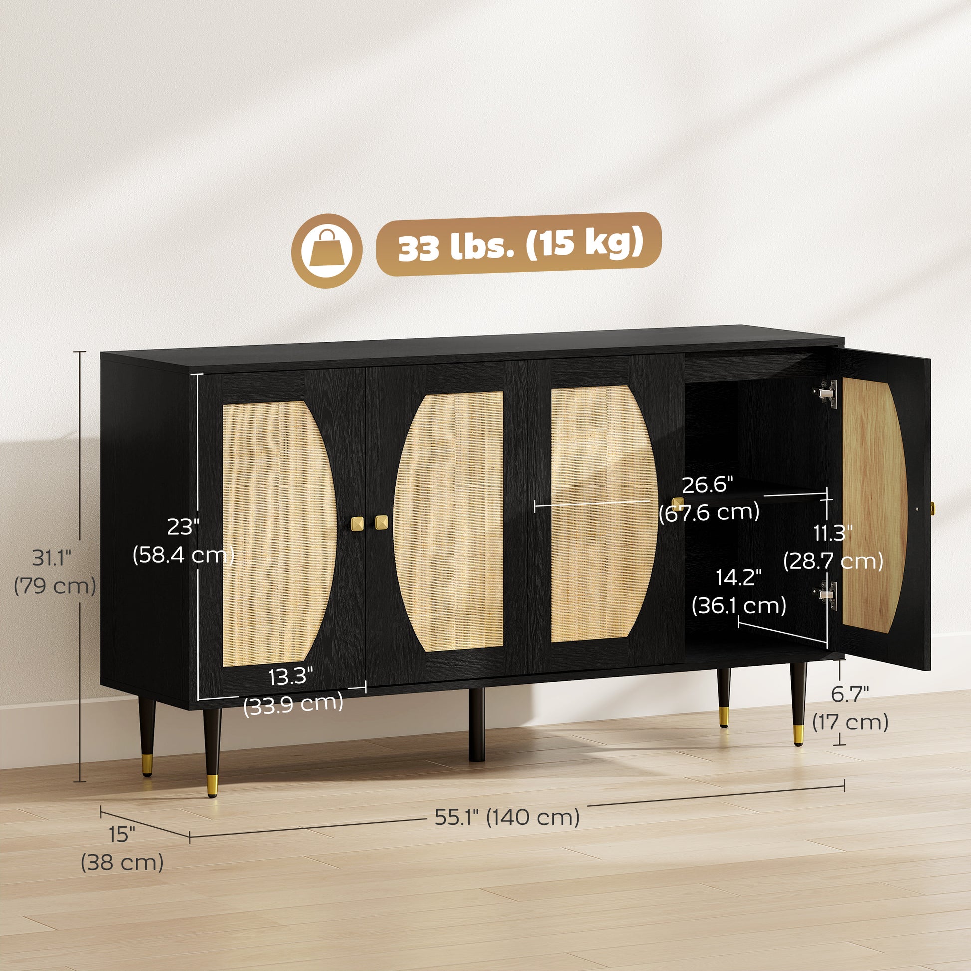 55" Boho Sideboard Buffet Cabinet - Black Rattan Front-DECOROLALA