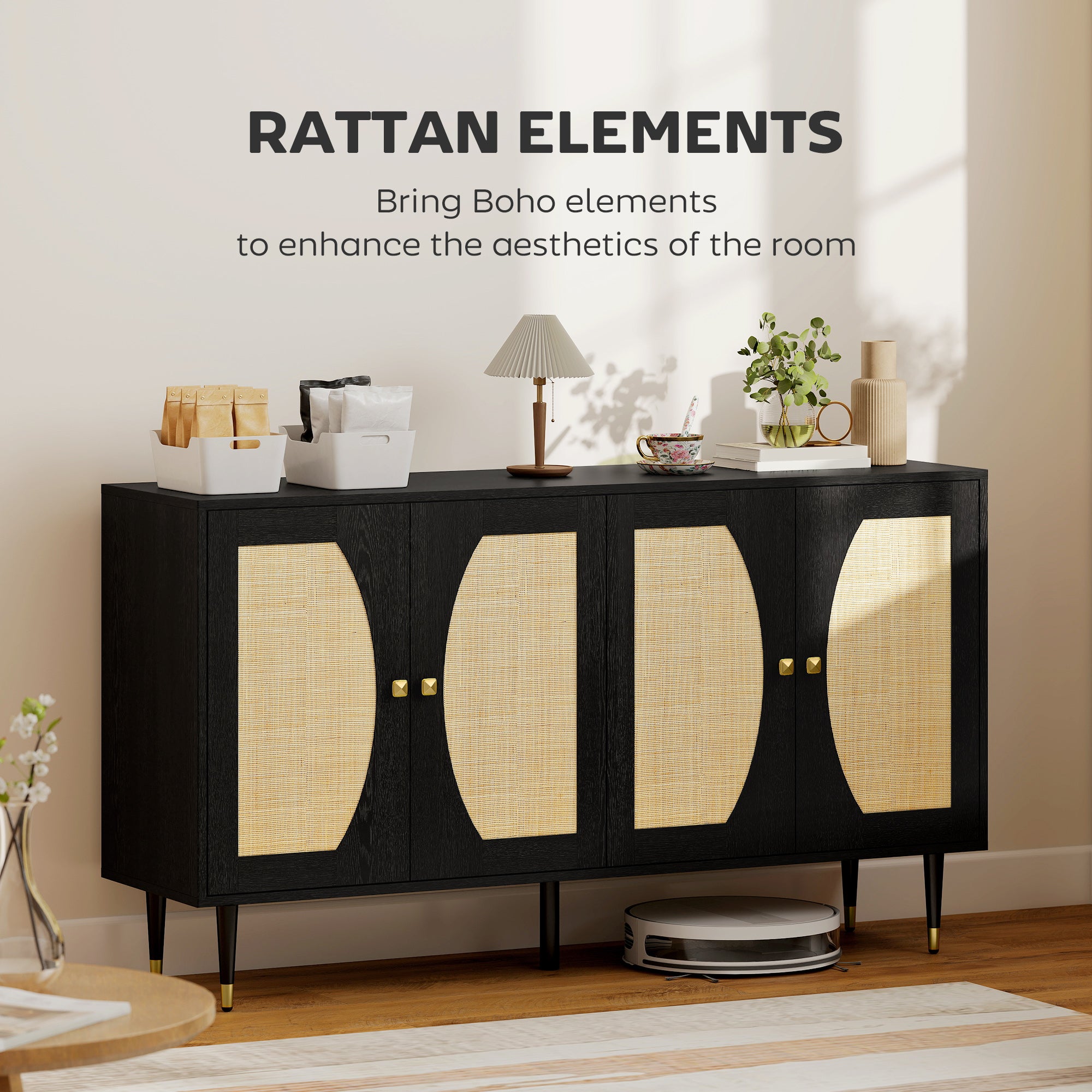 55" Boho Sideboard Buffet Cabinet - Black Rattan Front-DECOROLALA