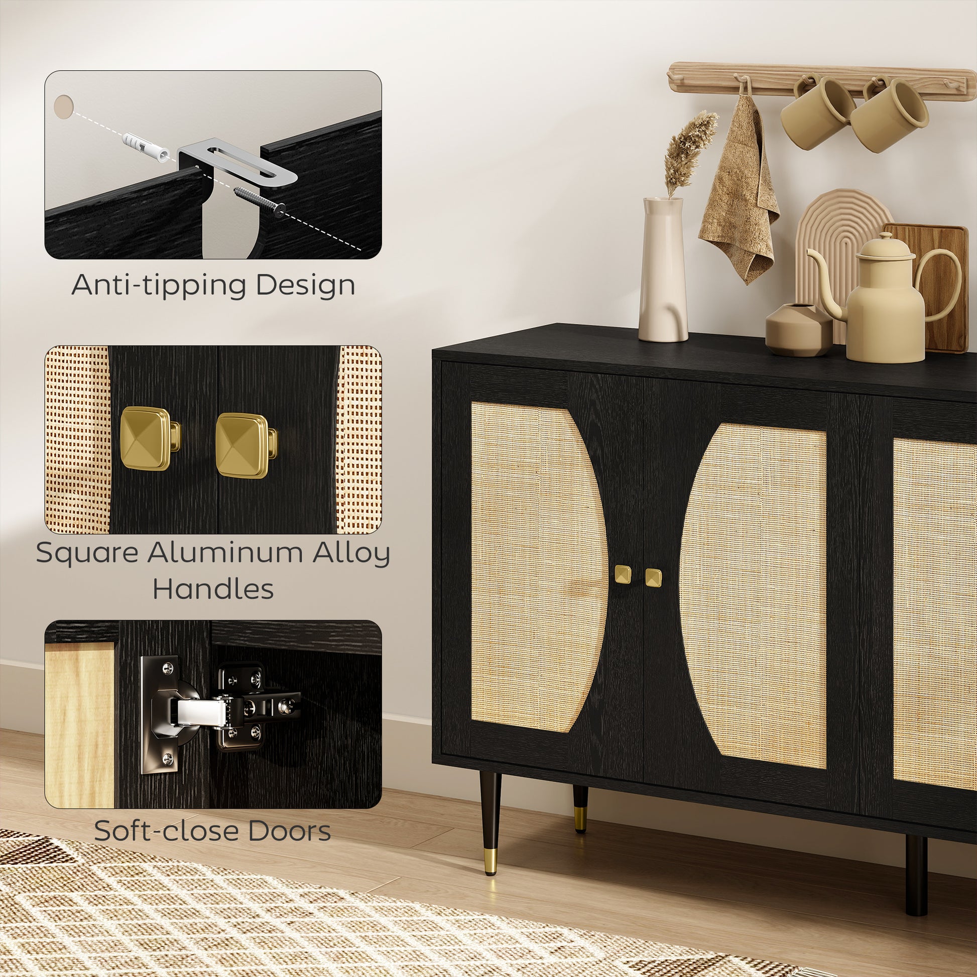 55" Boho Sideboard Buffet Cabinet - Black Rattan Front-DECOROLALA