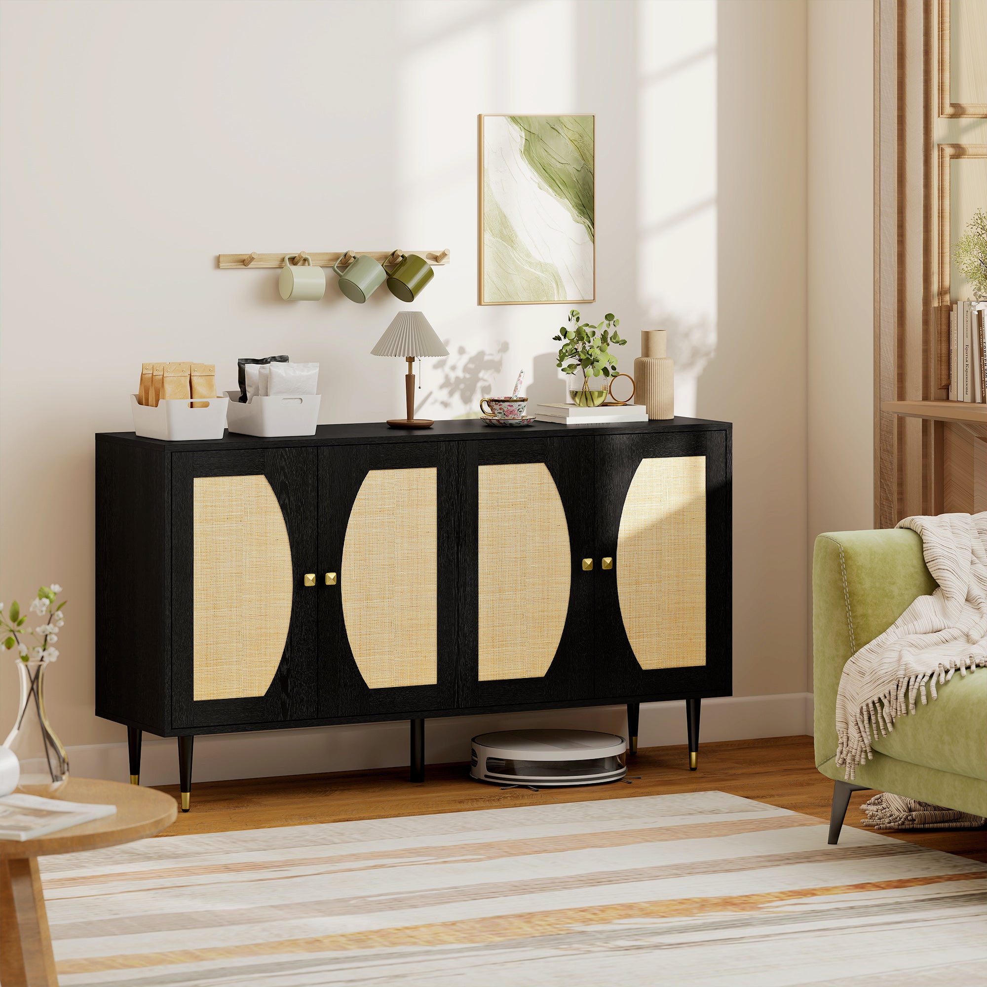 55" Boho Sideboard Buffet Cabinet - Black Rattan Front-DECOROLALA