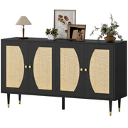 55" Boho Sideboard Buffet Cabinet - Black Rattan Front-DECOROLALA
